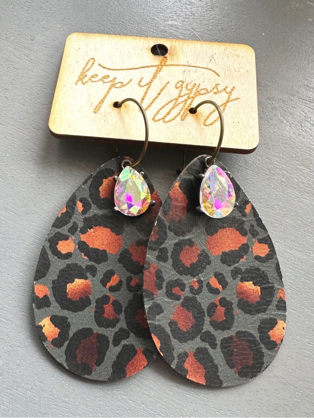 Keep it Gypsy Painted Leopard Print Leather Teardrop Shaped earrings NWT